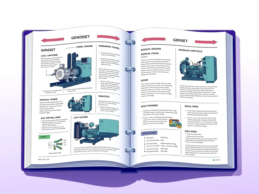 A detailed product catalog showcasing various genset models with technical specifications and high-quality images, emphasizing the breadth of available options.