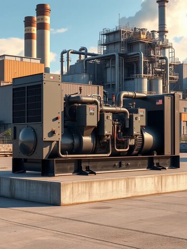 A detailed shot of a diesel genset, emphasizing its durability and fuel efficiency, set against the backdrop of a large industrial facility.