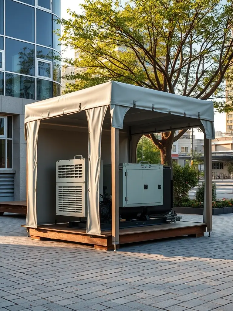 A professional image of a silent genset enclosed in a soundproof canopy, placed in a residential or commercial area to emphasize its quiet operation.