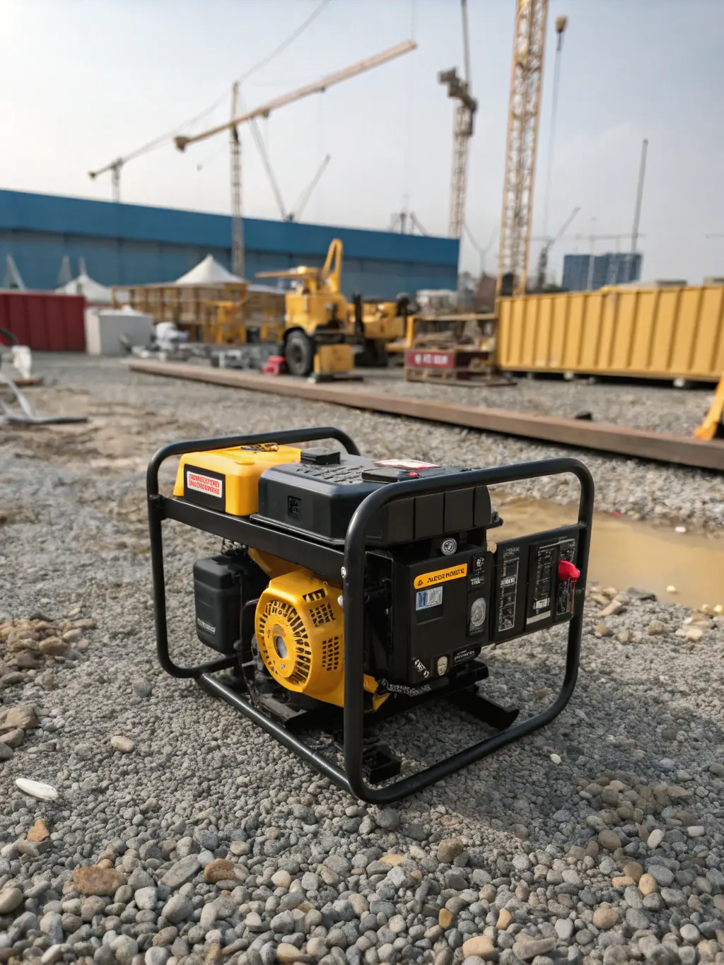 A high-quality photograph showcasing an open-frame genset in a construction site environment, emphasizing its ruggedness and reliability.