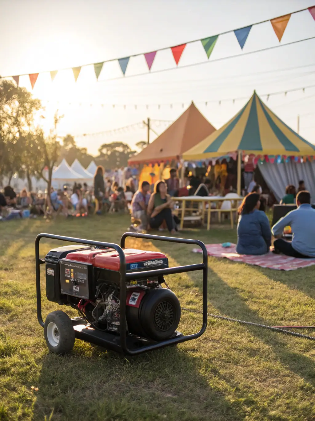 A vibrant photo of a gasoline genset powering a food truck at an outdoor event, showcasing its portability and ease of use.