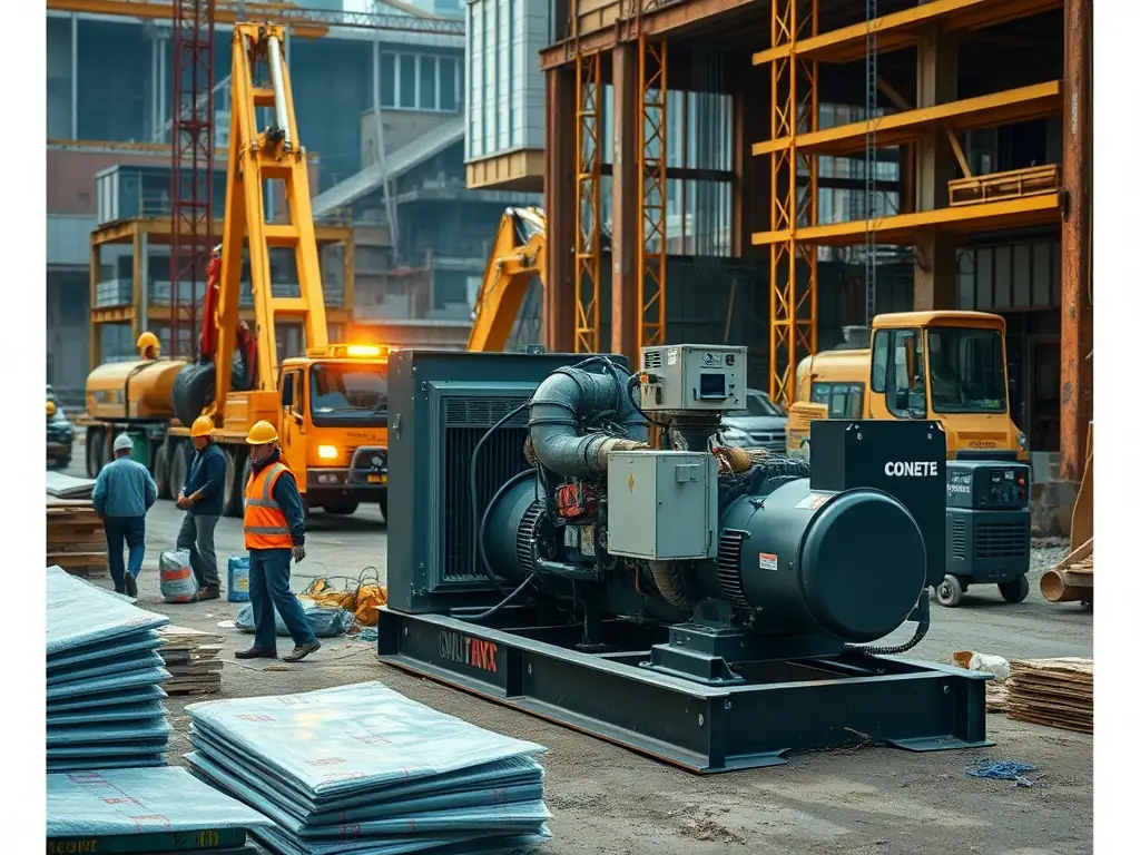 A high-quality photograph showcasing an open-frame genset in a construction site environment, emphasizing its ruggedness and portability.