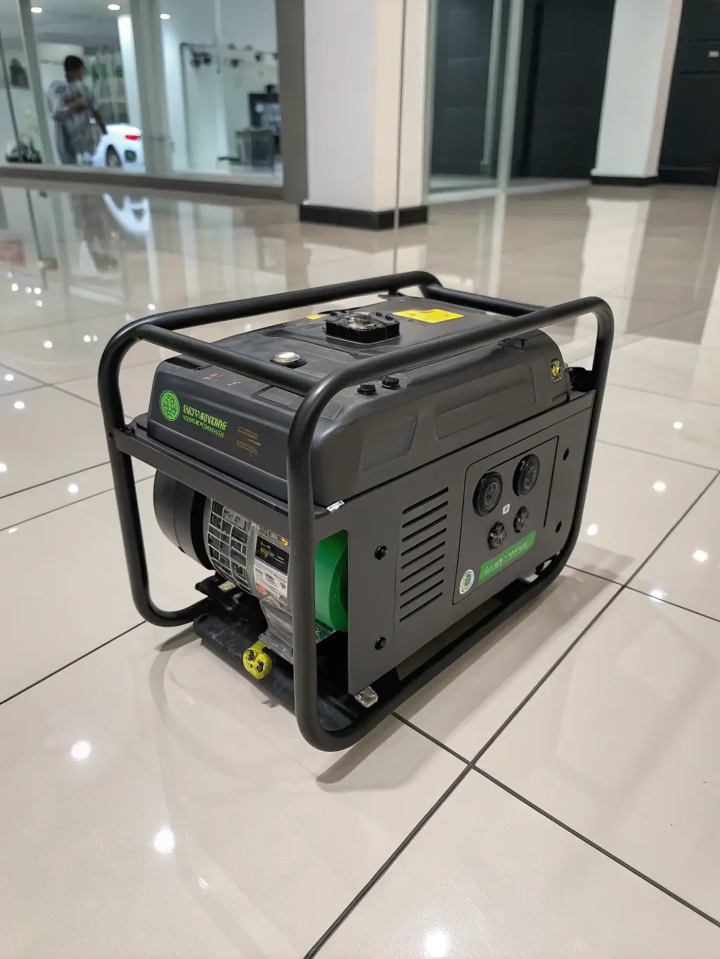 A detailed image of a silent genset operating near a residential area, highlighting its noise reduction features and compact design.