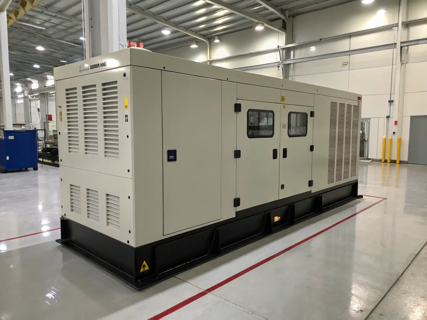 A detailed image of a silent genset enclosed in a soundproof container, highlighting its quiet operation in a residential or commercial setting.