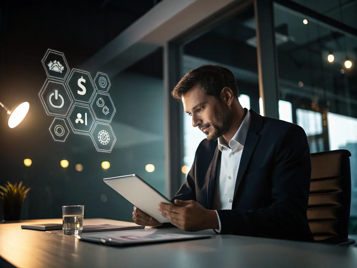 A professional procurement manager reviewing genset specifications on a tablet in a modern office setting, with a focus on data analysis and decision-making.