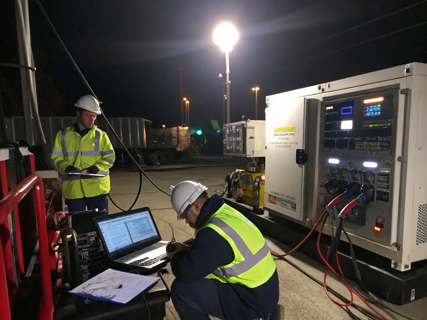 A detailed close-up image of a genset undergoing rigorous testing in a quality control lab, highlighting the precision instruments and skilled technicians involved.